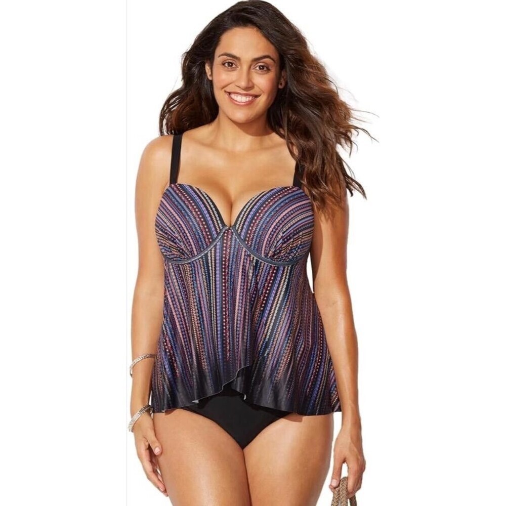 Swimsuits For All Flyaway Tankini Suit Womens 14 Black Striped Beach Vacation